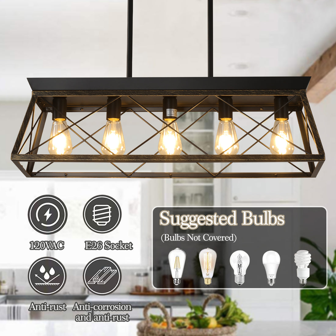 5-Light Farmhouse Chandeliers for Dining Room Metal Rustic Pendant Island Light  Modern Rectangular Island Lights (No Bulbs)