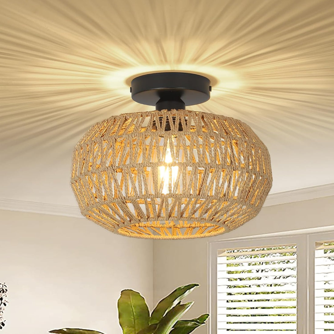 Rattan Light Fixtures Ceiling Mount,Boho Ceiling Light Fixture with Dimmable LED Bulb Mini Hand Woven Rattan