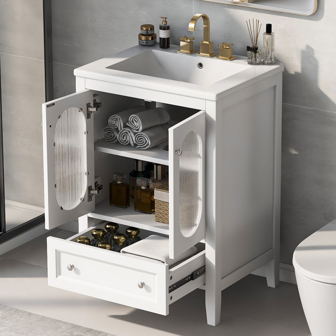 24" Bathroom Vanity with Sink, Bathroom Vanity Cabinet with One Drawer and Doors, Adjustable Shelf, Solid Wood and MDF, White