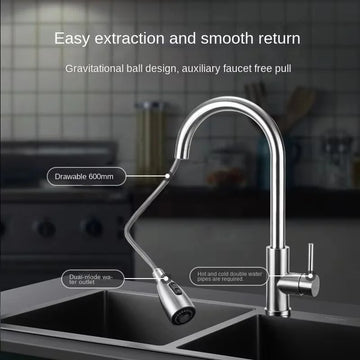 2024 Stainless steel kitchen faucet single hole pull-out spout kitchen sink faucet flow nozzle 360 rotating cleaning faucet