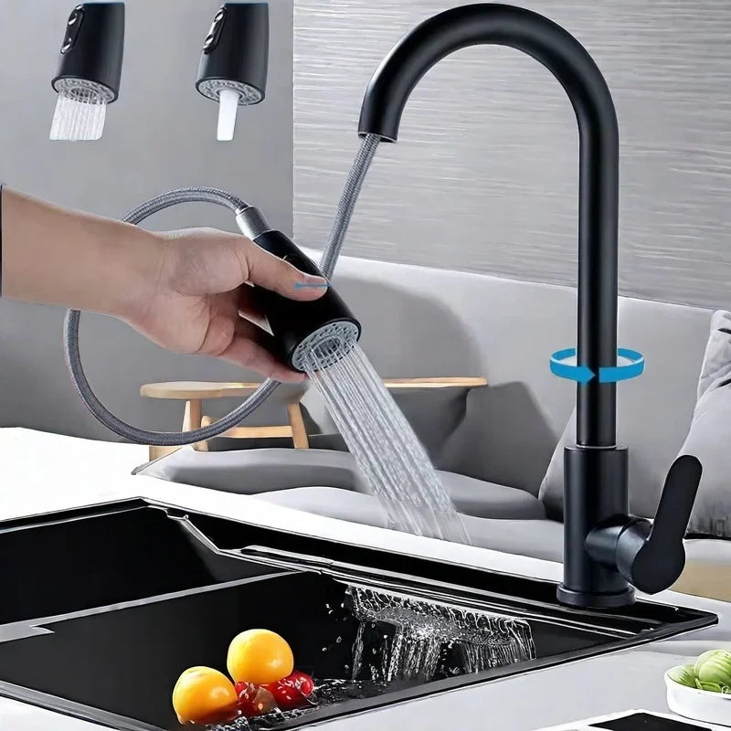 2024 Stainless steel kitchen faucet single hole pull-out spout kitchen sink faucet flow nozzle 360 rotating cleaning faucet