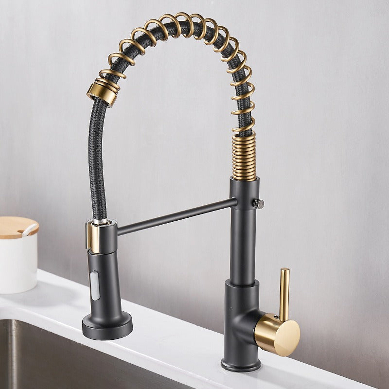 All copper spring faucet, kitchen sink with rotatable pull-out paint, black and gold dots