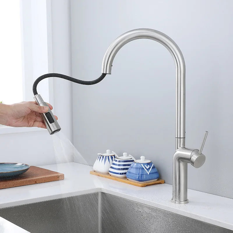 304 Stainless Steel Pull-out Kitchen Sink Faucet Pull Down Single Hole Handle Swivel Sprayer Water Mixer Kitchen Tap Nickel