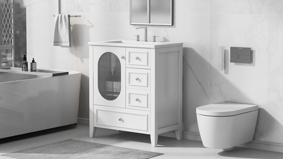 30" Bathroom Vanity with Sink, Bathroom Vanity Cabinet with Three Drawers and Door, Solid Wood and MDF, White