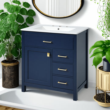 30-Inch Blue Bathroom Vanity with Ceramic Sink and Ample Storage - Ideal Choice for Small Bathrooms