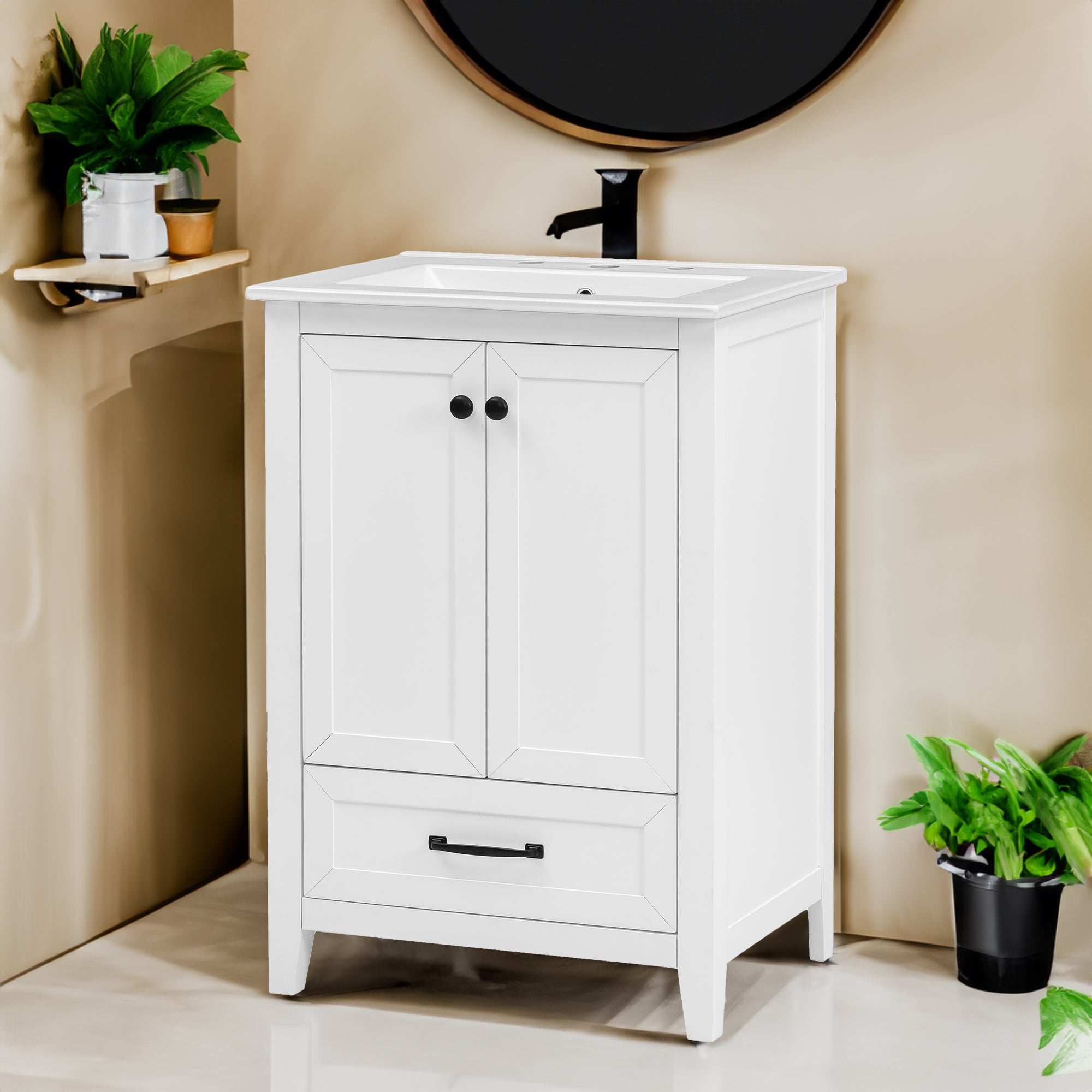 24" Bathroom Vanity with Sink, Bathroom Vanity Cabinet with One Drawer and Doors, Solid Wood and MDF, White