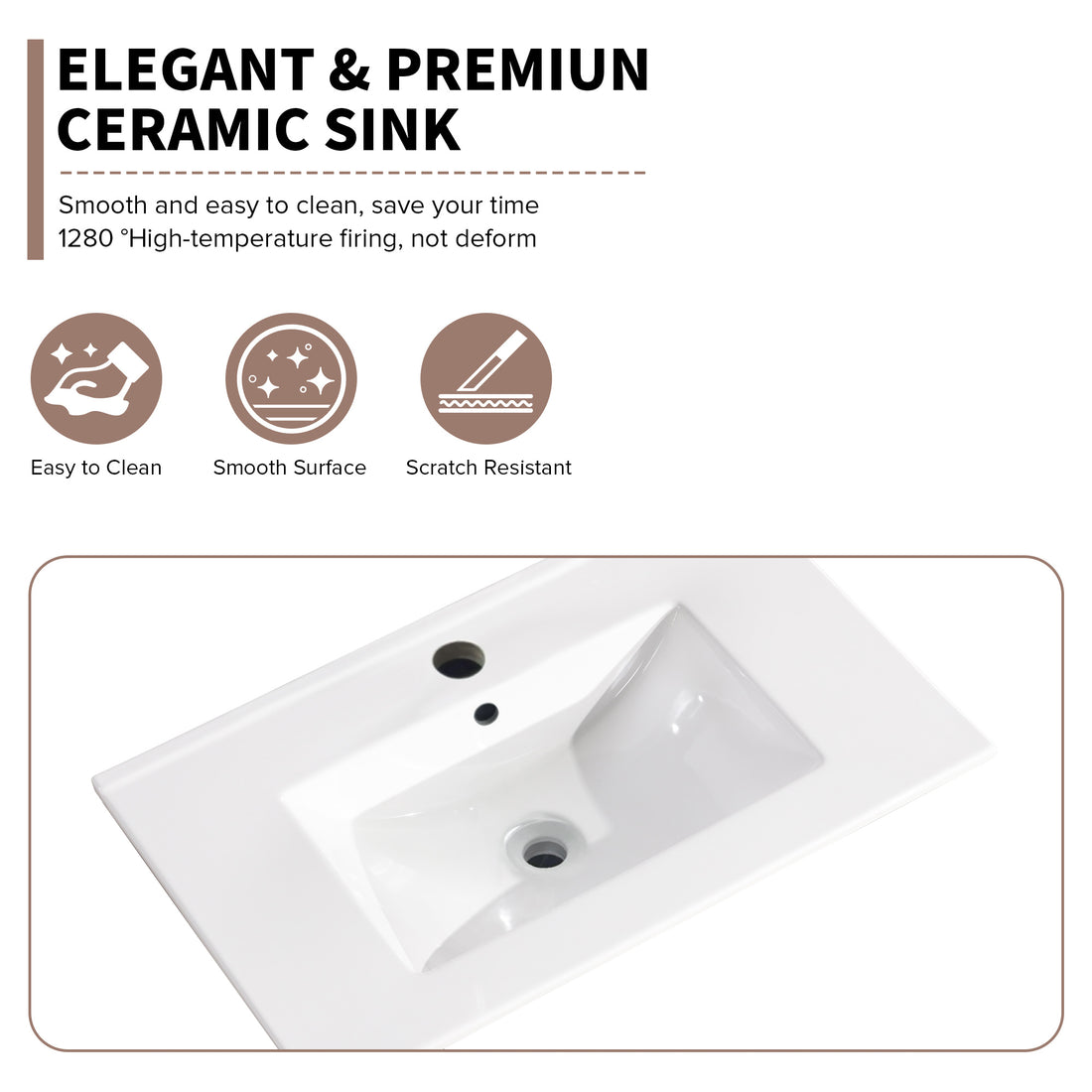 30 Inch Bathroom Ceramic Sink Basin, White Single Hole