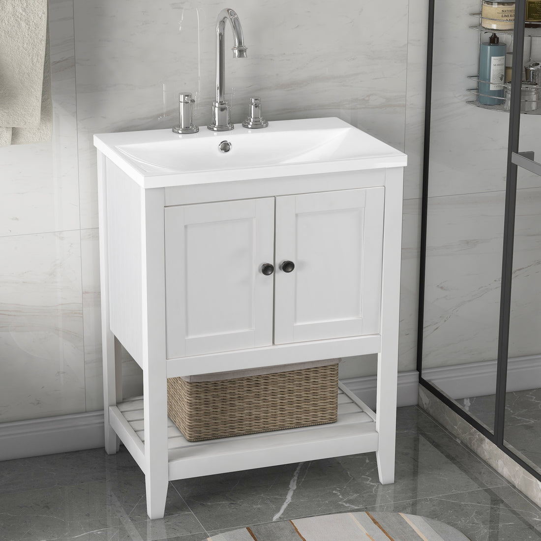 24" White Modern Sleek Bathroom Vanity Elegant Ceramic Sink with Solid Wood Frame Open Style Shelf