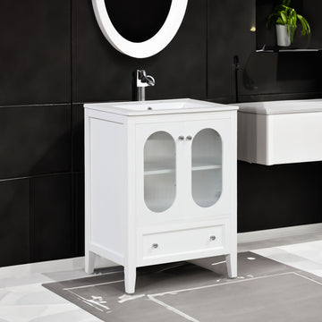 24" Bathroom Vanity with Sink, Bathroom Vanity Cabinet with One Drawer and Doors, Adjustable Shelf, Solid Wood and MDF, White