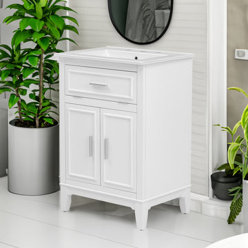 24" Bathroom Vanity with Sink, Bathroom Vanity Cabinet with One Flip Drawer and Doors, Solid Wood and MDF, White