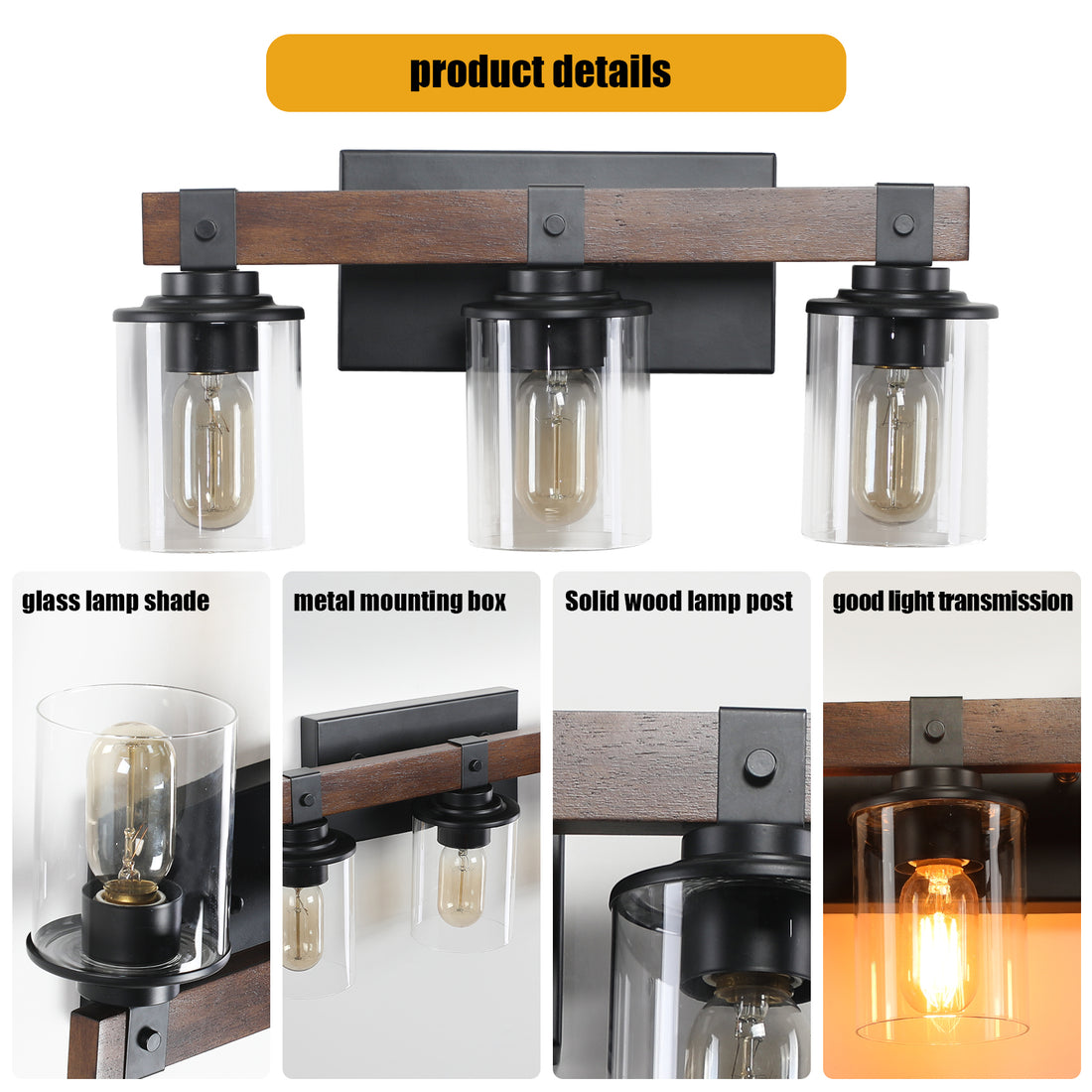 3-Lights Farmhouse Vanity Lights Fixture Rustic Bathroom Light Fixture Bathroom