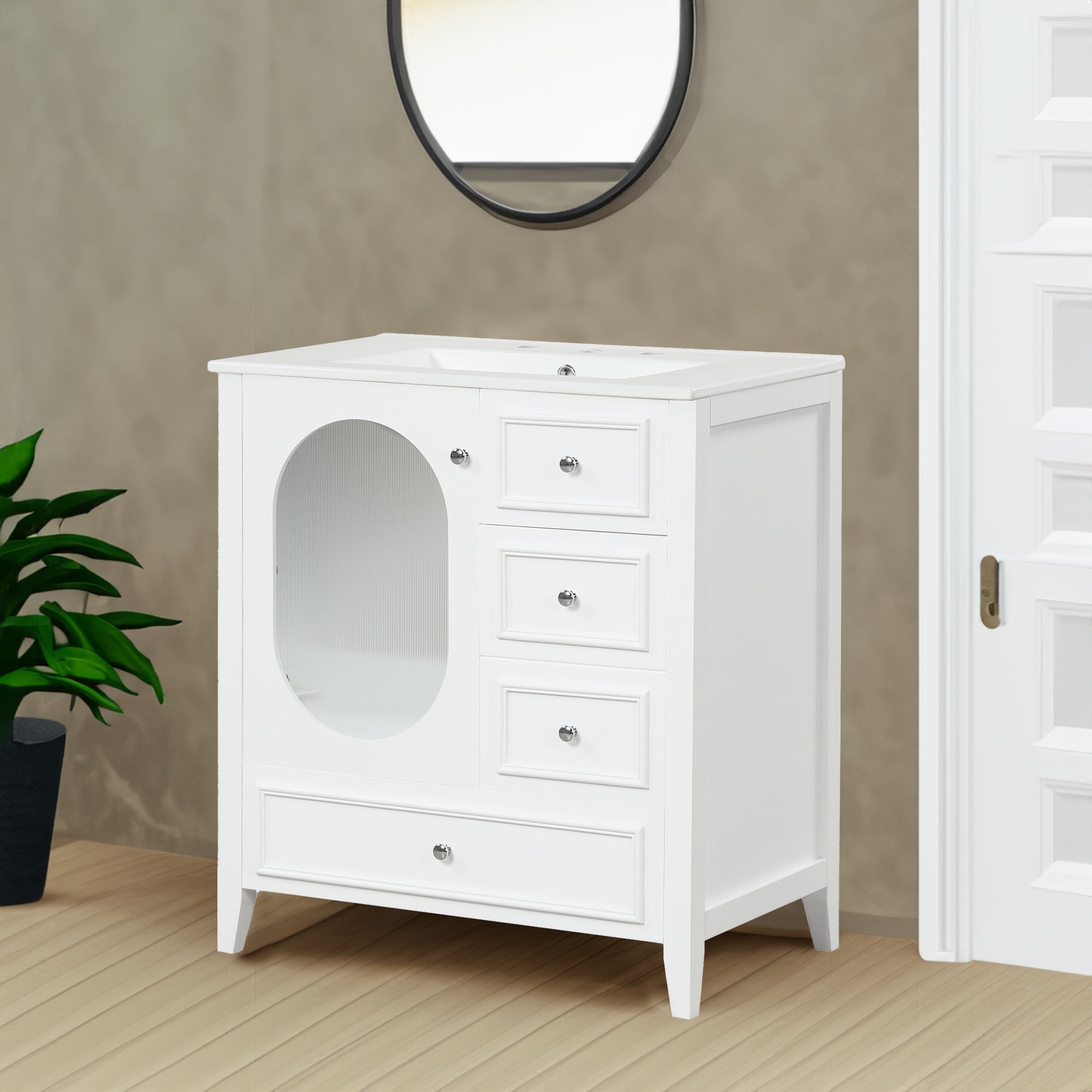 30" Bathroom Vanity with Sink, Bathroom Vanity Cabinet with Three Drawers and Door, Solid Wood and MDF, White