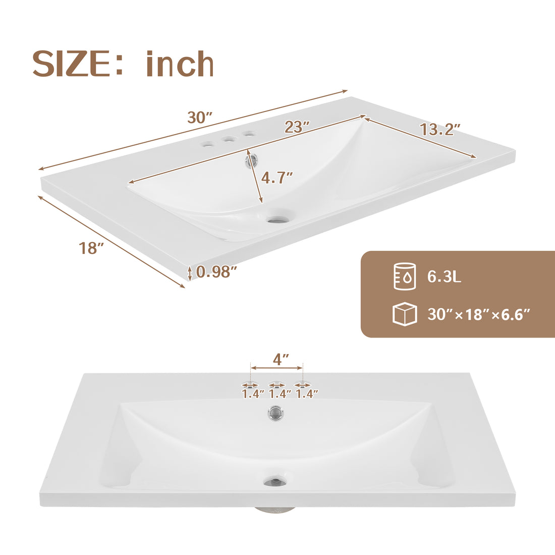 30" Single Bathroom Vanity Top with White Basin  3-Faucet Holes  Ceramic White