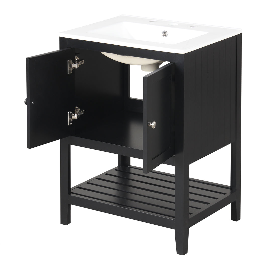 24" Black Modern Sleek Bathroom Vanity Elegant Ceramic Sink with Solid Wood Frame Open Style Shelf