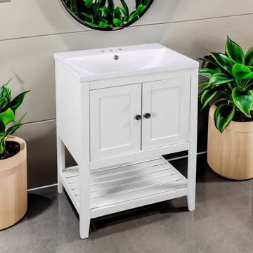 24" White Modern Sleek Bathroom Vanity Elegant Ceramic Sink with Solid Wood Frame Open Style Shelf