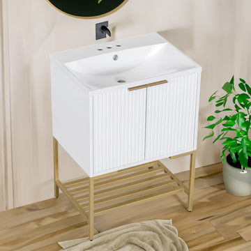 24" Bathroom Vanity with Sink, Bathroom Vanity Cabinet with Two Doors and Gold Metal Frame, Open Storage Shelf, White