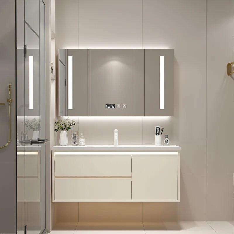 Bathroom ceramic integrated basin simple bathroom cabinet combination hand washbasin light luxury smart washstand mirror cabinet