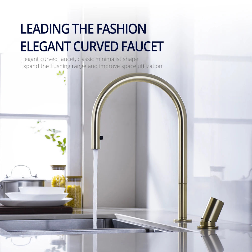 Brushed Gold Kitchen Faucet Invisible Pull Out Spray Mixer Double Hole Single Handle Solid Brass Hot and Cold Sink Tap