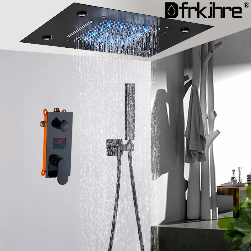 Ceiling LED Rainfal Shower Head Smart Remote Control Multifunction Embed Shower Set High Flow Waterfall Shower Concealed Tap