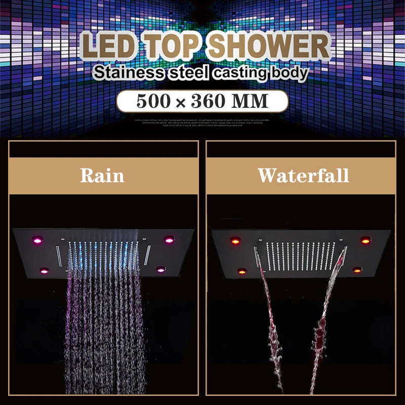 Ceiling LED Rainfal Shower Head Smart Remote Control Multifunction Embed Shower Set High Flow Waterfall Shower Concealed Tap