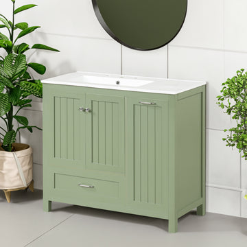 36 inch bathroom vanity with sink, one double door cabinet one large drawer and one flip drawer solid wood and MDF board, green