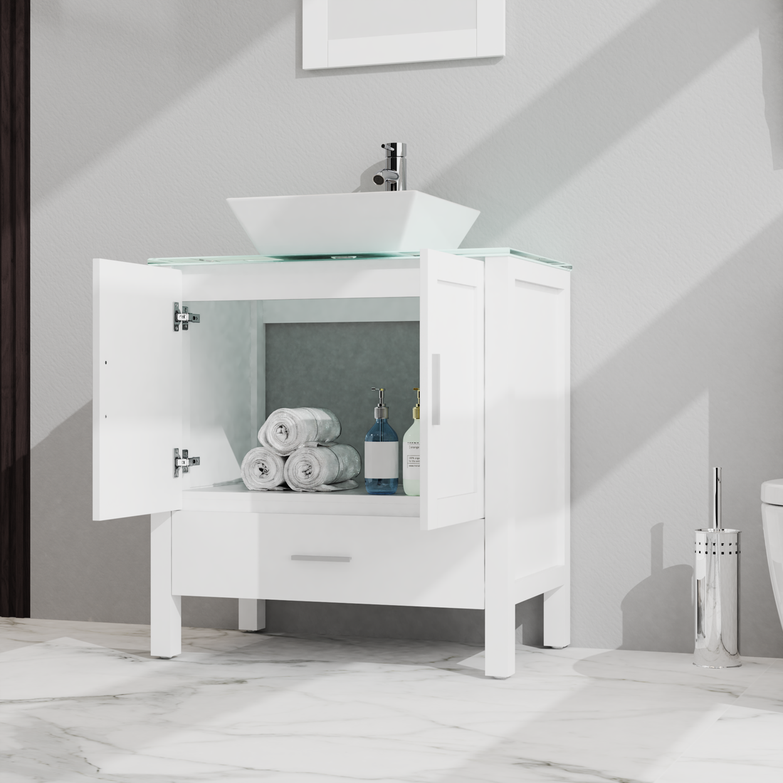 Goodyo 30" Bathroom Vanity and Sink Combo Glass Top Cabinet w/Mirror, White