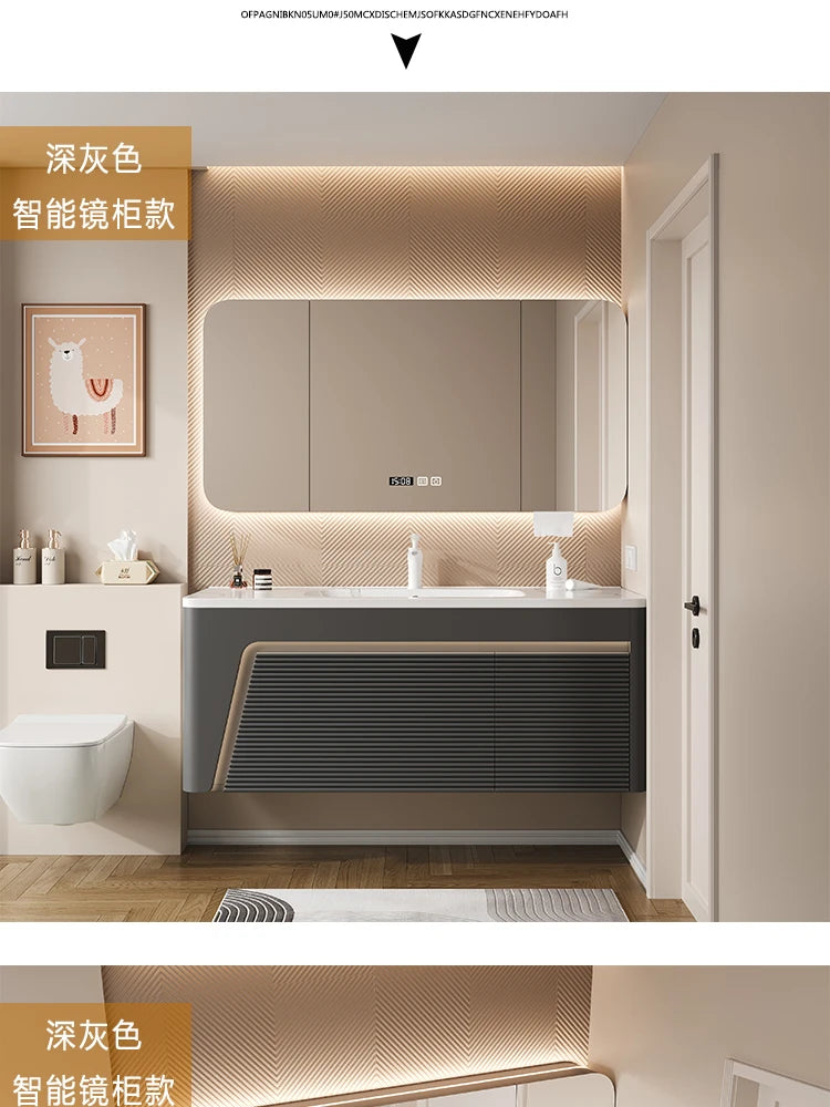 Light luxury oak bathroom cabinet combination integrated ceramic basin solid wood bathroom smart mirror hand wash basin cabinet