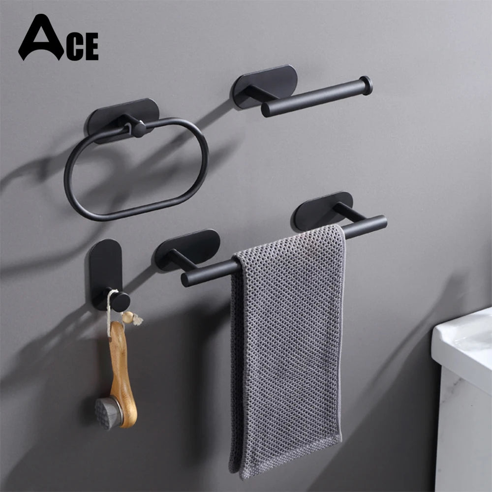 No Drilling Self-adhesive Black Towel Bar Holder Robe Hook Toilet Paper Rack Brushed Gold Bathroom Hardware Accessories Set