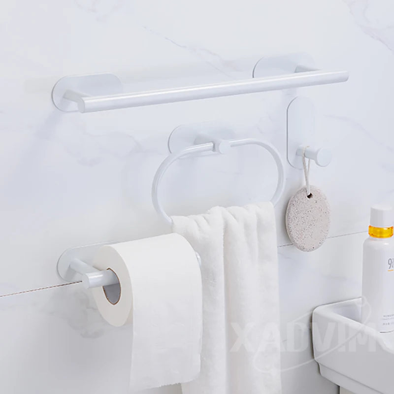 No Drilling Stainless Steel Towel Bar Paper Holder Self-adhesive Towel Ring Robe Hook White Silver Gold Bathroom Accessories Set