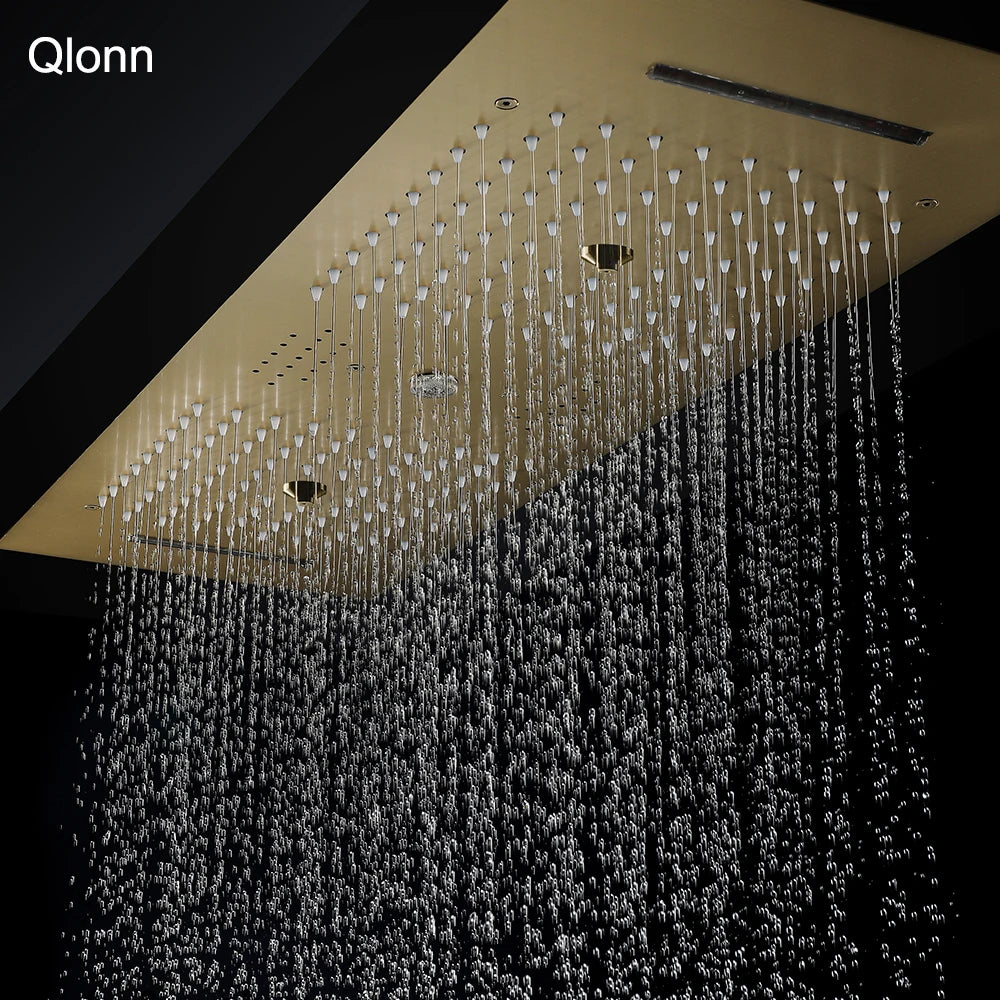 Qlonn 35*12 Inch Black Rain Shower Head Bathroom Embeded Ceiling LED Multi Function Spa Massage Showers Smart Music Shower Panel