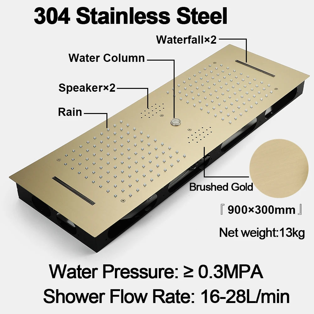 Qlonn 35*12 Inch Luxury Golden Shower Head Bathroom Embeded Ceiling Rain Multi Functions Showerheads Smart Massage Shower Panel