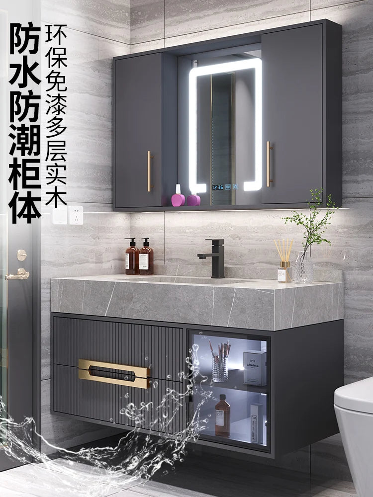 #Rock slab bathroom cabinet integrated basin smart bathroom washstand cabinet combination