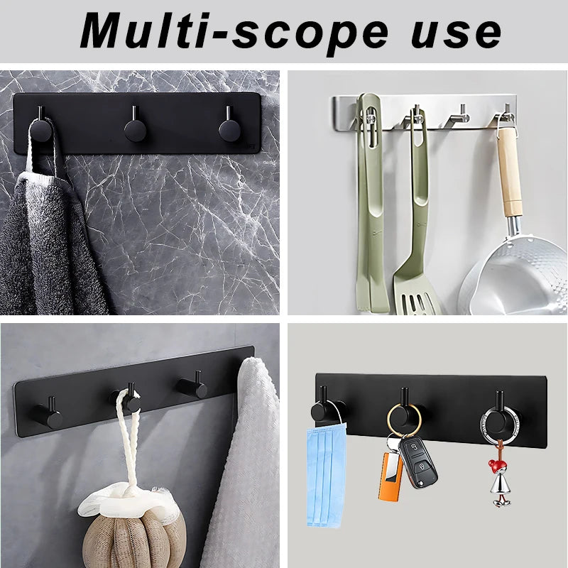 Stainless Steel Black Silver Bathroom Hardware Set Sticker Adhesive Door Hook Towel Clothes Robe Rack Bathroom Accessories