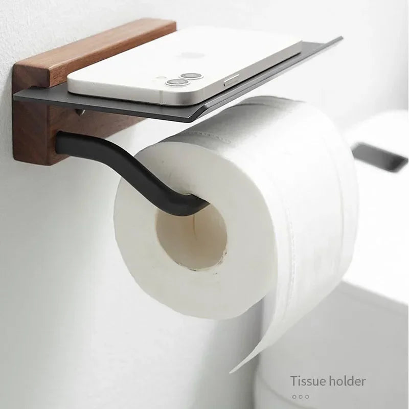 Wood Toilet Paper Holder Bathroom Wall Mount WC Paper Phone Holder Shelf Towel Roll Shelf Accessories Roll Holder